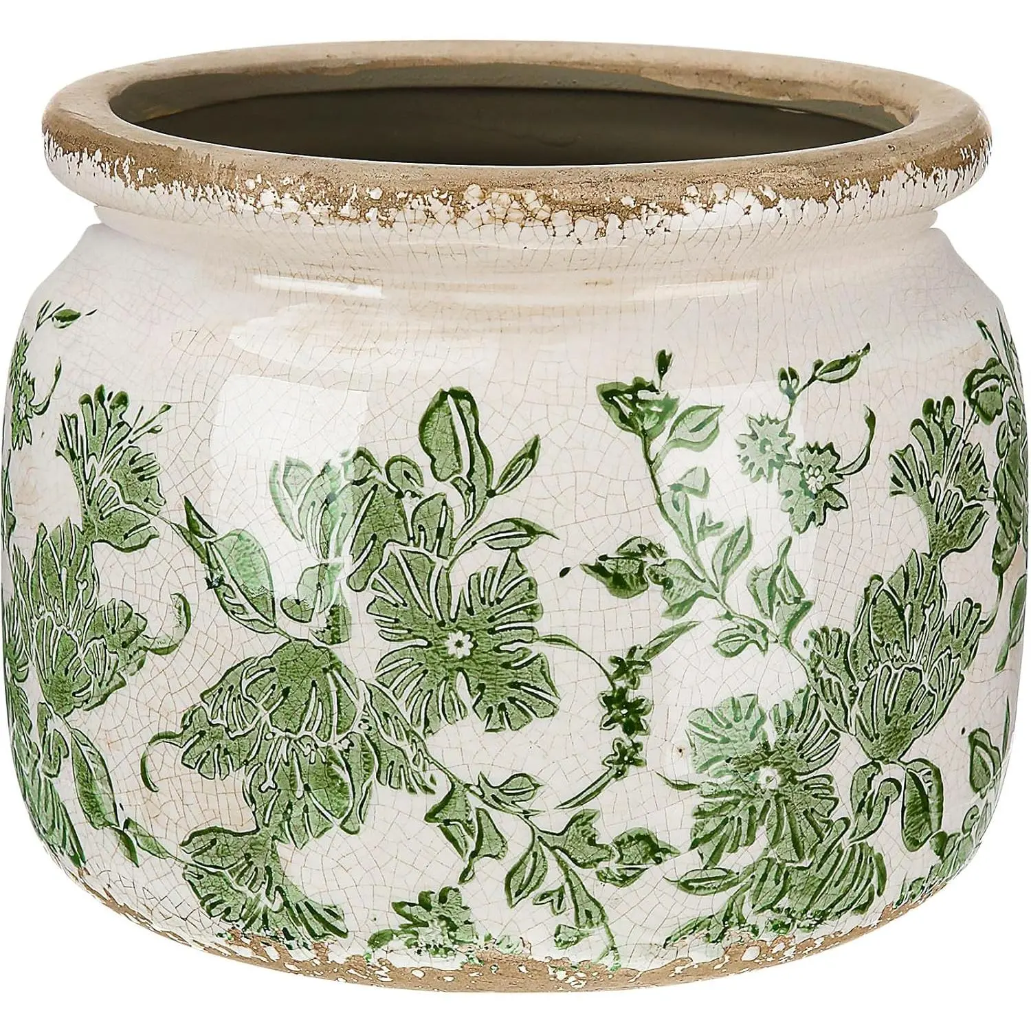 7.7" Large Ceramic Plant Pot Beige Green Vintage Floral Crackle Glaze Rustic Flowers Pot Decorative Planter with Drainage for Indoor Outdoor Plants Home Kitchen Office Decor Gift