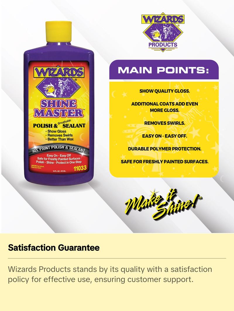 Wizards Shine Master Polish and Sealant - Cleans, Polishes and Seals Paint in One - Non-Carnauba Wax-Based Boat Water Spot Remover - Wax Replacement for Boat and Car Detailing Supplies