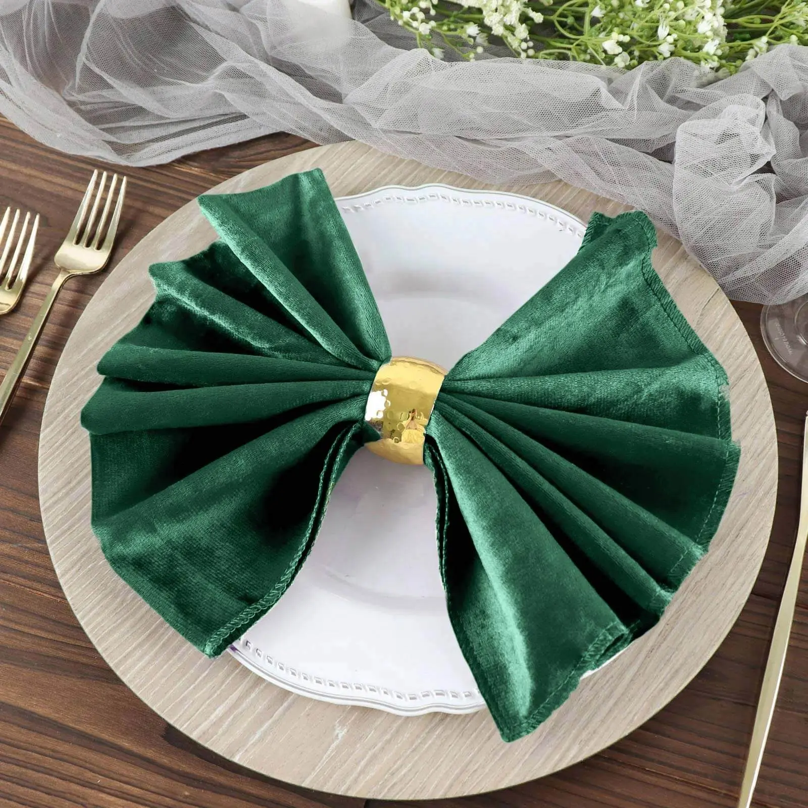 Premium Velvet Dinner Napkins 5-Pack - 20"x20" Square Hunter Emerald Green, Soft Sheen Finish, Hand Wash Only Tableware for Formal Meals