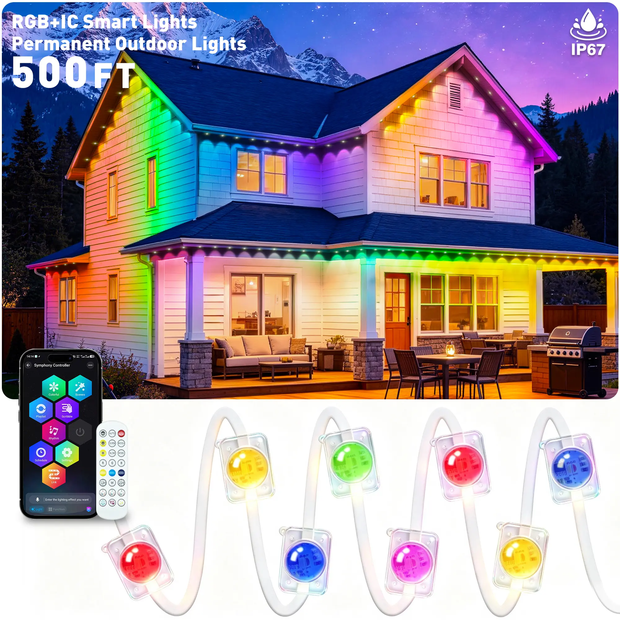 Permanent Outdoor  Lights - RGB IC IP67 Waterproof with Smart App Control Remote, DIY Scene Modes, Music Synchronization, Eaves Lights for Garden Decor, Deck, Christmas