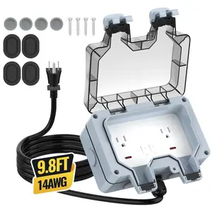 Outdoor Outlet Box with 9.8Ft Extension Cord, NEMA 5-15R, IP66 Waterproof Outdoor Outlet Box w/Lockable Cover & LED Indicator (Double Plug Socket) - Perfect for Gardens, Yards & Sports Fields