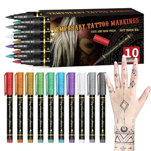 Temporary Tattoo Markers for Skin, 10-Count Body Markers, Flexible Brush Tip, Bright colors, Face Paint Kit Cosmetic Quality,Halloween makeup Handmade Glitter, Ideal for Party And Festival Gifts