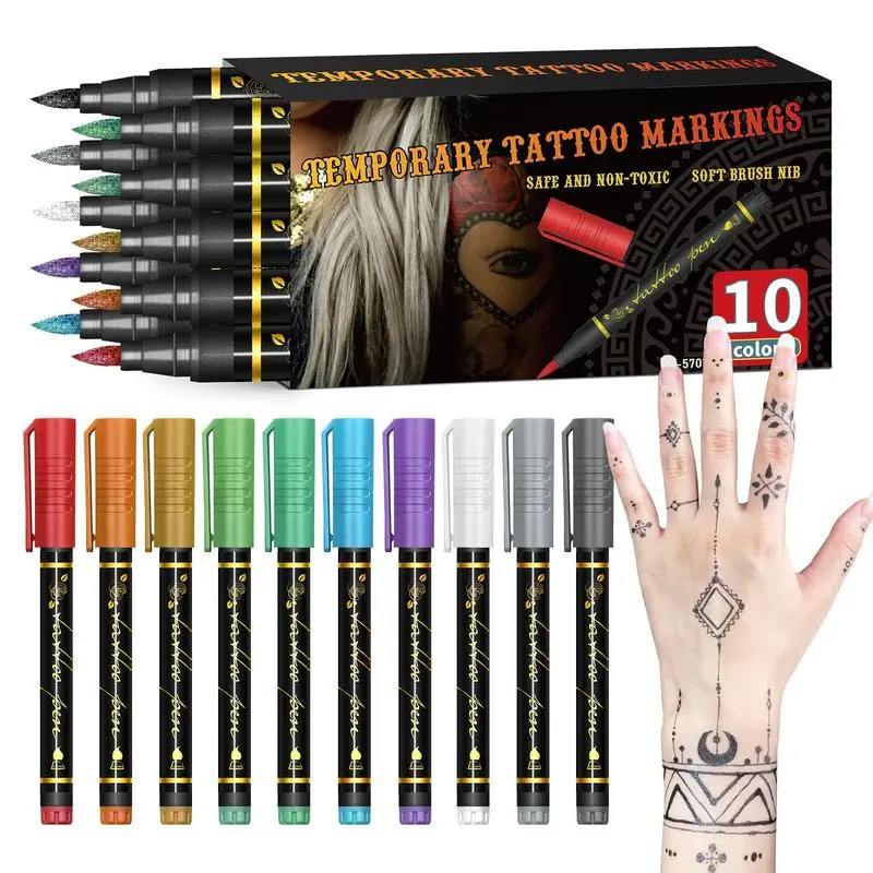 Temporary Tattoo Markers for Skin, 10-Count Body Markers, Flexible Brush Tip, Bright colors, Face Paint Kit Cosmetic Quality,Halloween makeup Handmade Glitter, Ideal for Party And Festival Gifts