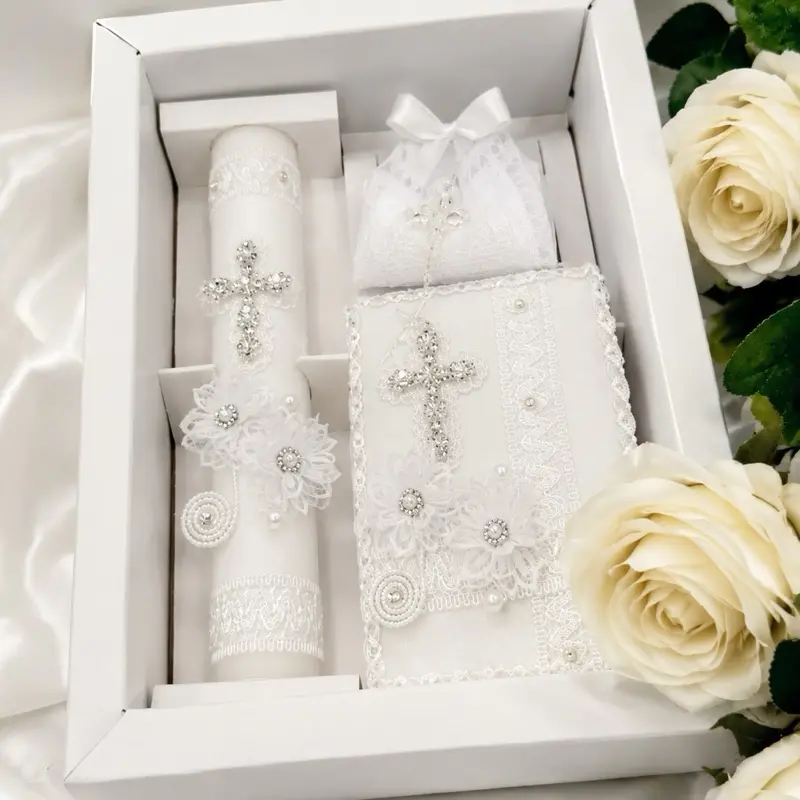 Traditional 5pcs Baptism Candle Gift Set - 8” Candle, Rosary, New Testament, Decorative Elements in Box for Boys & Girls (English & Spanish, White)