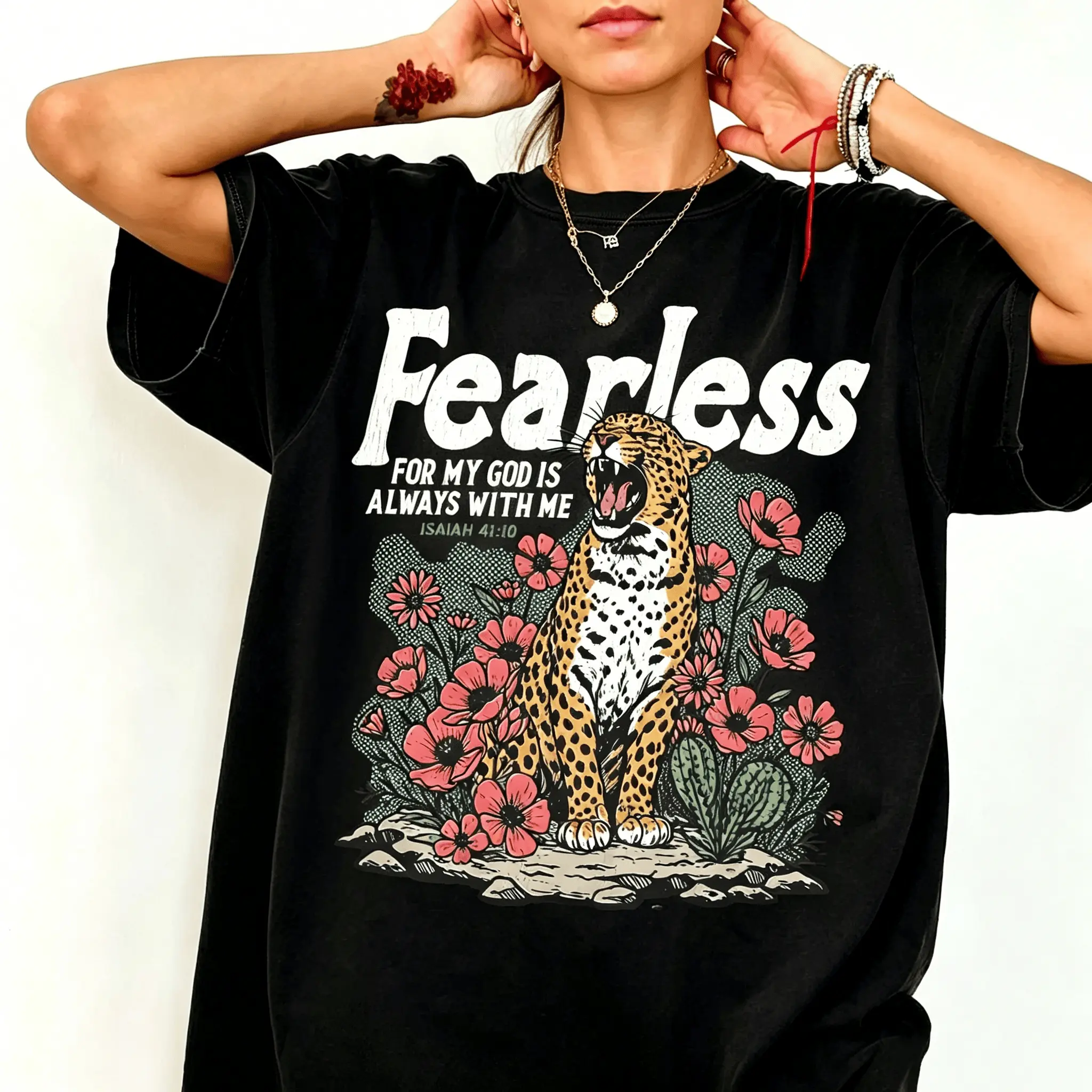 Fearless Bible Verse T-Shirt, Isaiah 41:10 Christian Tee, Faith Leopard Shirt, For God Is Always With Me