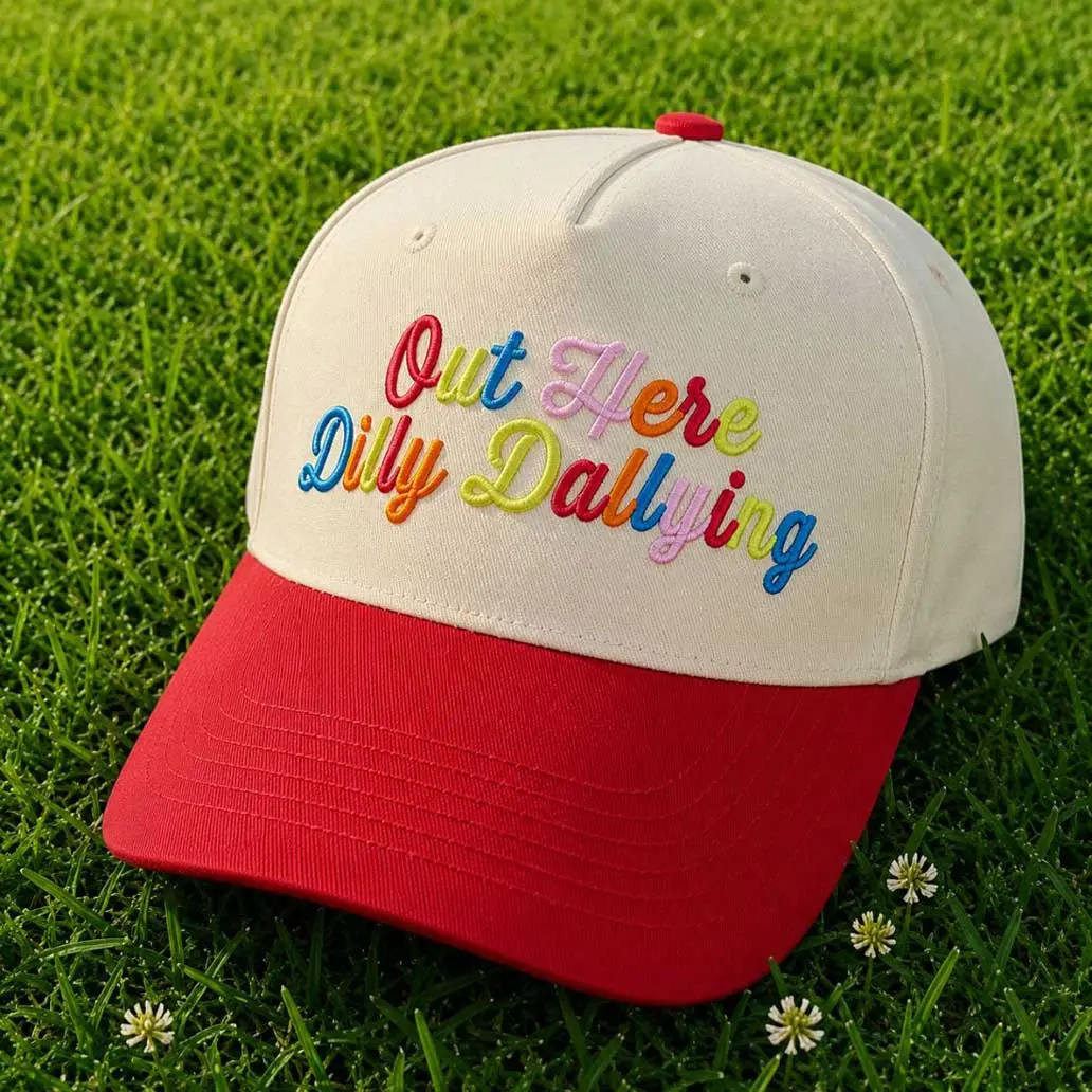 Out Here Dilly Dallying Embroidered Trucker Hat – Funny Country Mesh Snapback Cap