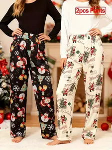 2025 Christmas Pajamas Gift 2 PCS Set Per Pack Women's Soft Drawstring Sleeping Pijamas Pjs Pajama Bottoms Long Outfit Loungewear Long Pants Set, Floral Pattern,Mid Elasticity, Knit Fabric, Spring/Fall Season, Red ,Pyjamas Trouser Pajama Set pants  pyjama