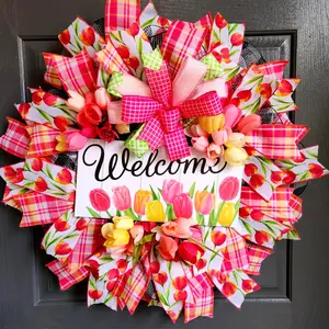 Country Farmhouse Spring Wreath, Colorful Tulips with Plaid Decorative Net and Checkered Bow, All-Season Porch and Entrance Decoration