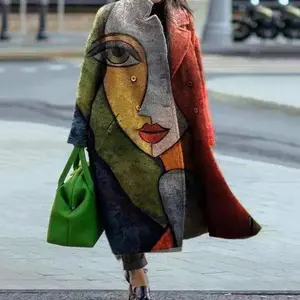 Autumn Women's Long Sleeve Turn-Down Collar Coat Printed Woolen Long Overcoat