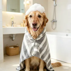 Microfibre Dog Bathrobe Super Absorbent Drying Coat for Puppy Medium Large Dogs Fast Drying Adjustable with Waist Velcro & Neck Button Fixation