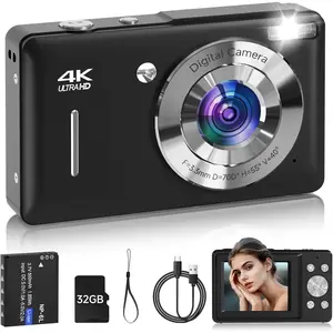 Digital Camera for , FHD 1080P 44MP Point and Shoot Digital Camera with  Detect, Smile Capture, 16X Zoom, 20 Filters, Anti Shake, 32GB SD Card Blcak Compact  Camera for  Boys Girls