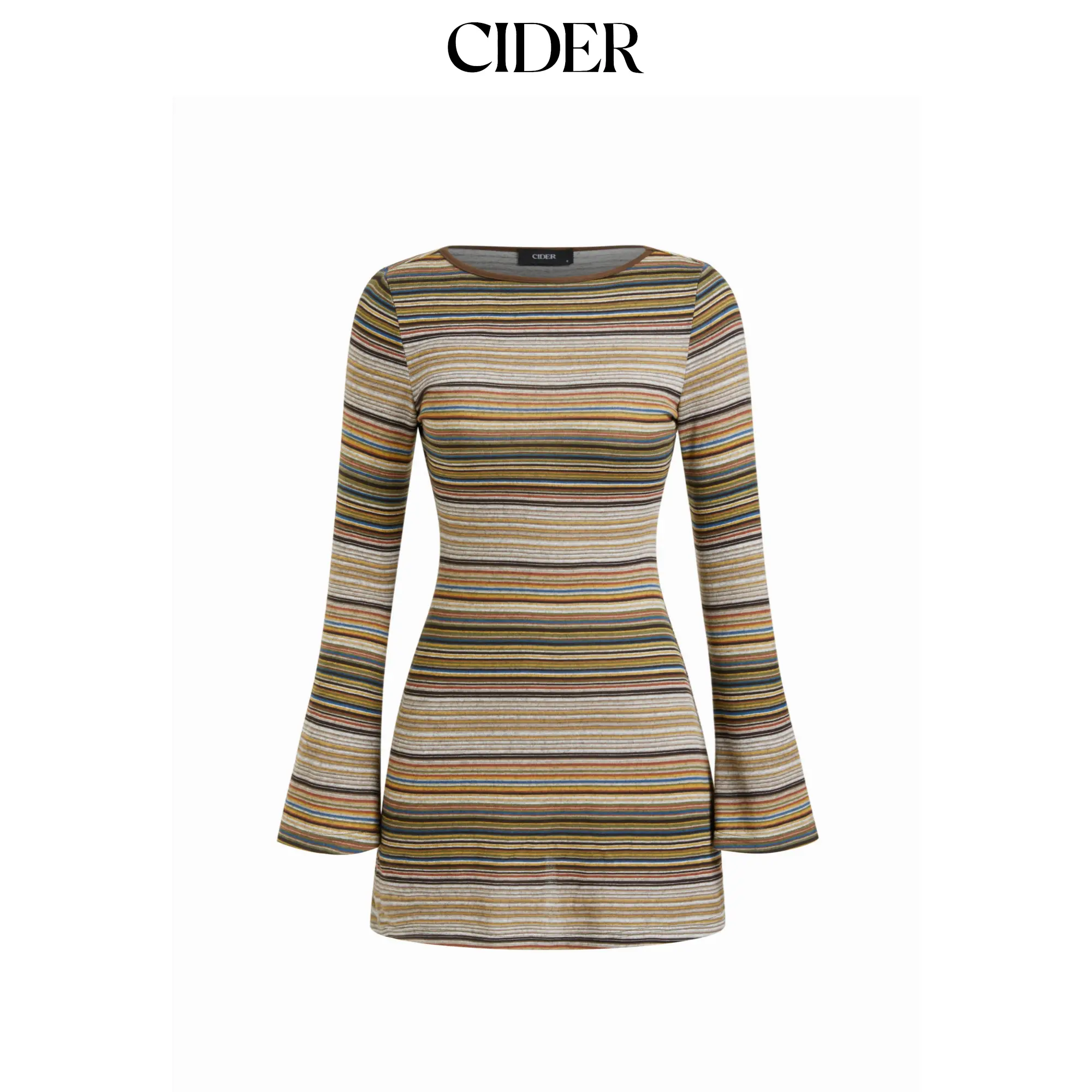 Cider Women's Basic A-Line Striped Mini Dress in Stretch Jersey with a Boat Neck and Long Bell Sleeves, Stylish Women's Wear, Elastane, Elegant, Above The Knee