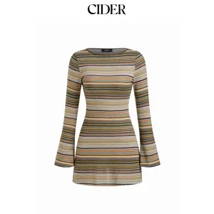 Cider Jersey Boat Neck Striped Bell Sleeve Flared Mini Dress