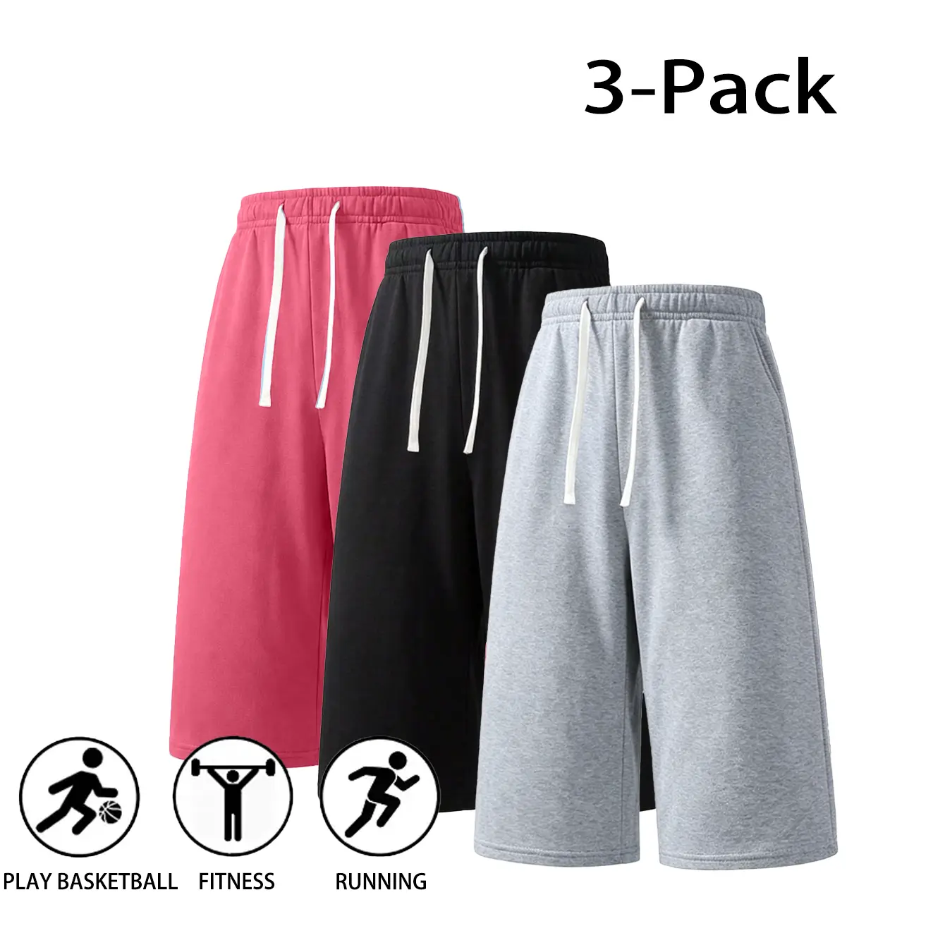 Men’s sports shorts three-piece set — elastic drawstring shorts suitable for basketball, fitness, and running