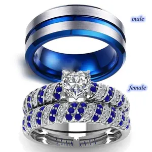 Fashion Couple Rings Romantic Women Heart Zircon Stone Rings Set Men's Blue Stainless Steel Ring Wedding Party Jewelry Gifts