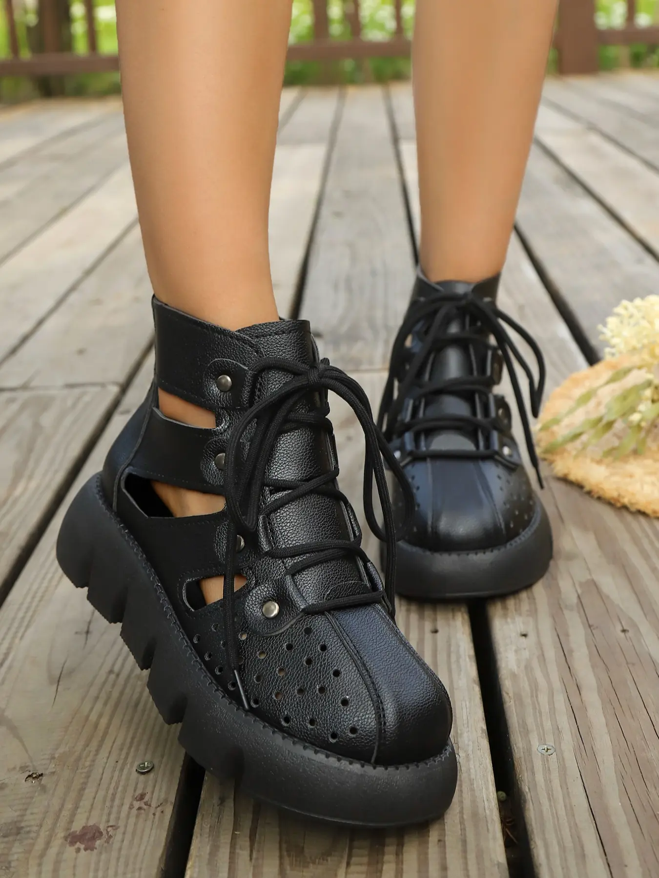 New Plus Size 36-42 Summer Outdoor Wedge Heel Thick Sole Vintage Hollow Out Lace-Up Zipper Fish Mouth Roman Breathable Platform Thick Soled Sandals
