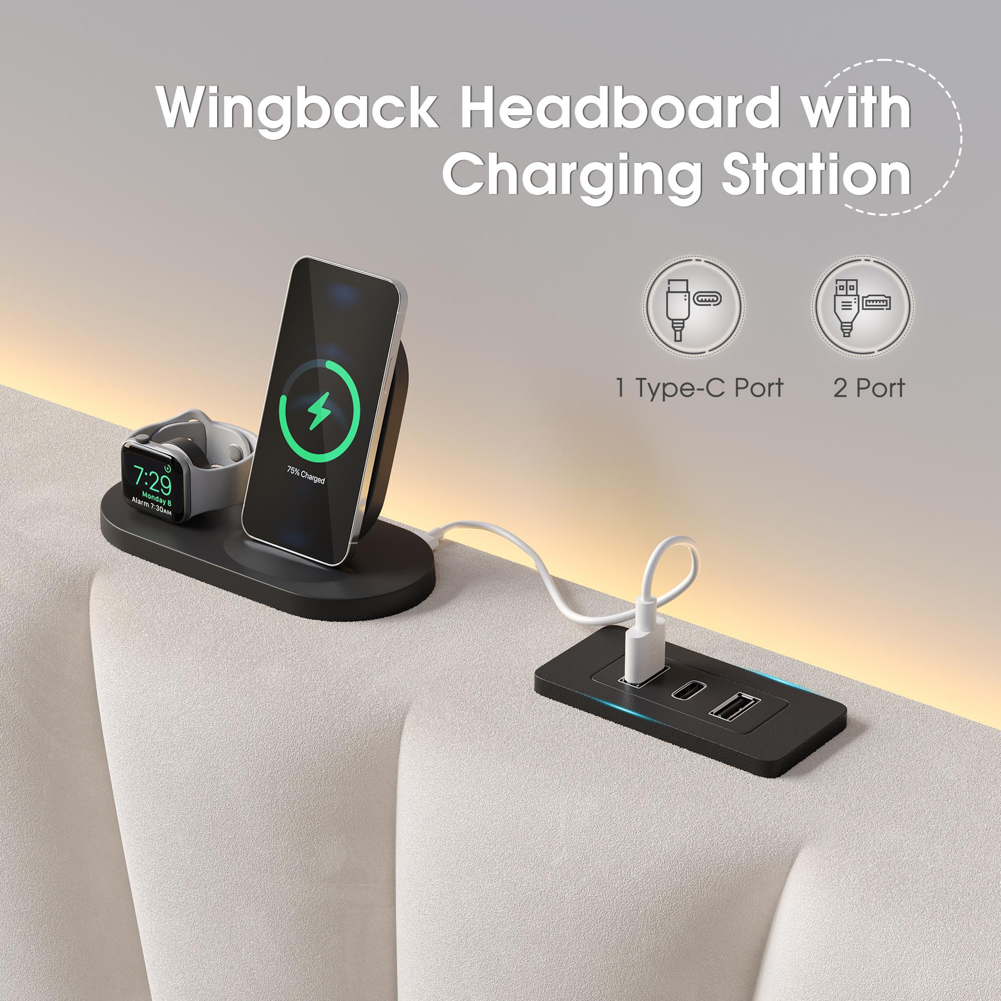 Solid Wood Queen/King Size Bed Frame with 51" Velvet Upholstered Headboard, up to 900 LBS Foundation with All Sturdy Metal Support,Headboard with Charging Station and LED Lights, Wingback Headboard, No Box Spring Needed, Noise-Free,Easy Assembly