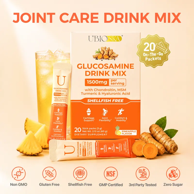 UBIOSKA 7-in-1 Joint Support Drink Mix | With Shellfish-Free Glucosamine, Chondroitin, MSM, Hyaluronic Acid, Turmeric & Ginger | Zero Sugar, Pineapple flavor, Liquid Joint Care Supplement for Mobility, Flexibility & Daily Comfort | Individually Packaged