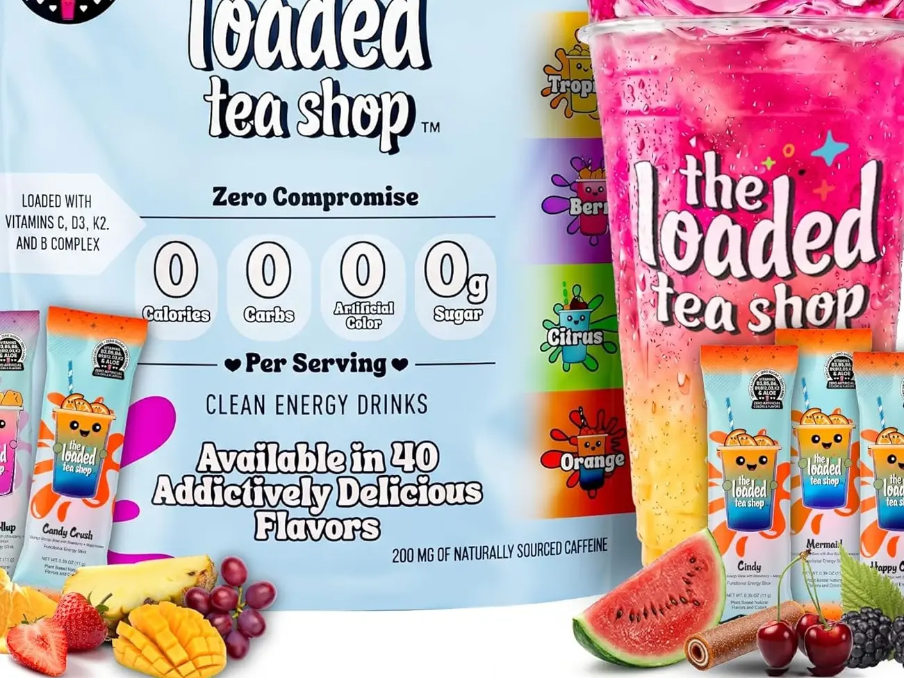 Loaded Tea Energy Beverage Mix - Sugar-Free Packets, Mom Mode 5pk, 200mg Caffeine, B Vitamins