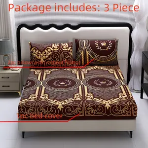 3-piece Fitted Sheet Set - Premium Brushed Fabric, Hotel Quality Sheets, Skin-friendly & Comfortable, Geometric & Floral Patterns, Household & Hotel Bedding for Bedroom (1 Fitted Sheet + 2 Pillowcases) - No Filling
