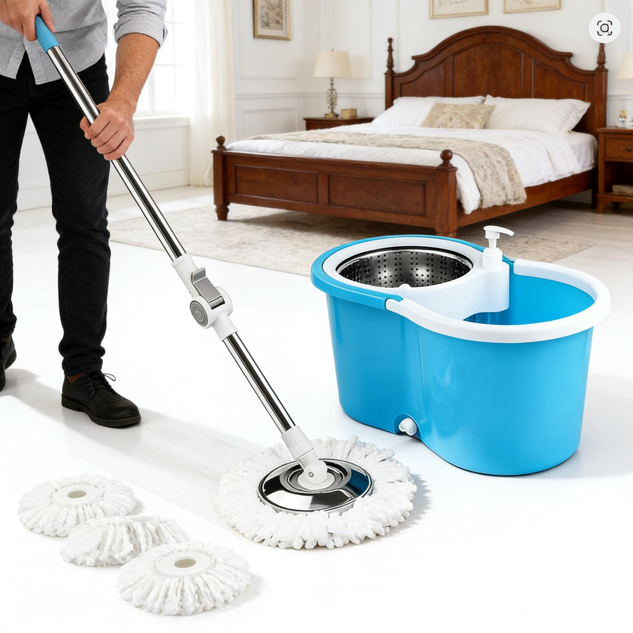 360° Rotating Telescoping Handle Mop System with Integrated Wringer Bucket & Microfiber Round Mop Head for Efficient Ergonomic Floor Cleaning Kitchen Stainless Steel
