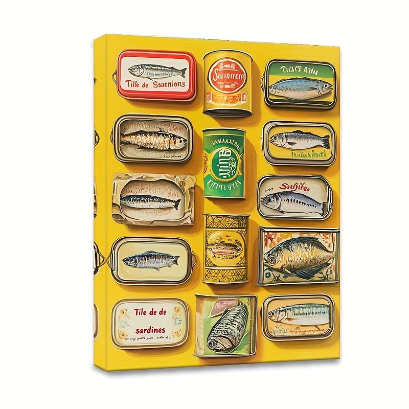 Vibrant Sardine Can Art Canvas Print - 30.48x 40.64cm Colorful Seafood Can Illustration Framed Wall Decoration, Yellow Background, Perfect for Kitchen, Living Room or Breakfast Nook, Vibrant Character Art Style Home Decor, Sardine Decoration, 2D Flat, Per