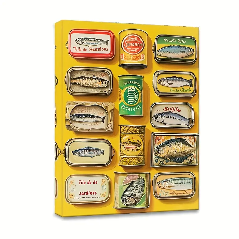Vibrant Sardine Can Art Canvas Print - 30.48x 40.64cm Colorful Seafood Can Illustration Framed Wall Decoration, Yellow Background, Perfect for Kitchen, Living Room or Breakfast Nook, Vibrant Character Art Style Home Decor, Sardine Decoration, 2D Flat, Per