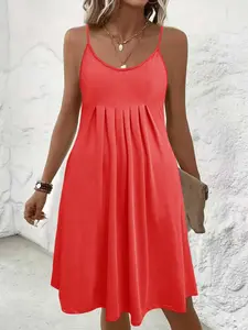 Women's Summer New Pure Color Round Neck Spaghetti Strap Sleeveless Dress, Casual Fashion Long Maxi Dresses for Women, Comfortable Daily Wear