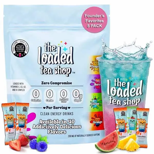 HOT 2026!!! The Loaded Tea Shop Energy Drink Mix Sticks, Founder’s Favorites 5 Pack, Sugar-Free, Zero Calories, 200mg Natural Caffeine, No Artificial Colors/Flavors, Powder Packets w/ B Vitamins - Energy Drink Alternative
