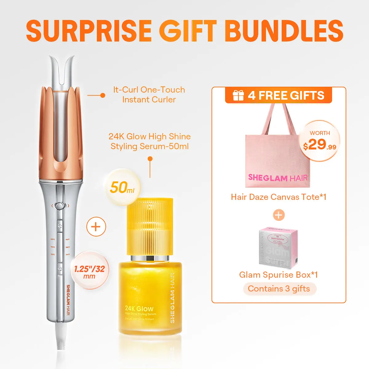 【live only】SHEGLAM HAIR Automatic Curling Iron | 1/1.25 Inch Curls + Defense Oil 50ml/100ml | 3 Temperature Settings | 2-Way Rotation | Universal Voltage | GlossPro Ceramic Coating | Multiple Usage | Less Damage | Touch Instant Curler For Hair Styling
