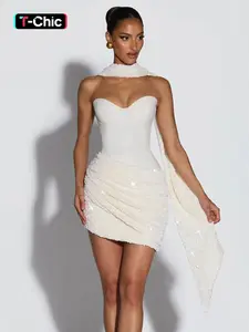 Two-Piece Set,Women's Wine Sequin Patchwork Ruched Dress, Elegant Scarf Design, Chic, Party Style, Slim-Fitting, Short, All Seasons, Womenswear