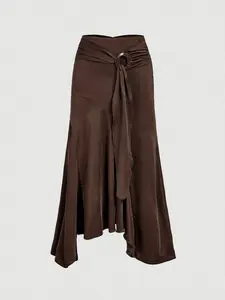 Women's High Waist Midi Skirt, O-Ring Tie Front Detail, Ruched Back Waist, Asymmetric Flared Ruffle Hem, Smooth Draped Knit Fabric, Daily Commute Date Evening Party Wear, Vintage Elegant French Chic Aesthetic Style