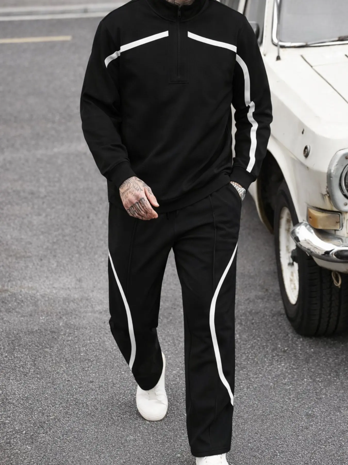 Men's American Style Sport Set, Half-Zip Stand Collar Top and Drawstring Wide Leg Pants, Colorblock Design, All Seasons, Casual, Sweatsuit Set Outfit, Colorblock Tracksuit Set, Casual Tracksuits, Drawstring Waist Athleisure, Casual Sports Set