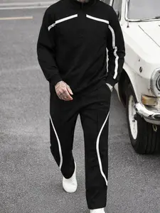 Men's American Style Sport Set, Half-Zip Stand Collar Top and Drawstring Wide Leg Pants, Colorblock Design, All Seasons, Casual, Sweatsuit Set Outfit
