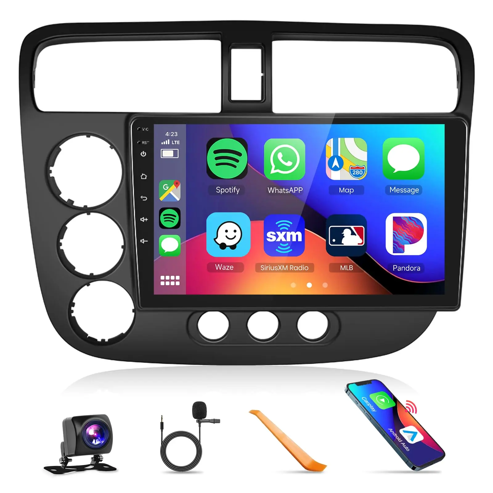 Podofo 9-in HD IPS Touchscreen Car Stereo Radio with Built-in DSP for Honda Civic 2001-2005, Built-in CarPlay, Android Auto Player, Wireless CarPlay, MirrorLink, Bluetooth, GPS, WiFi, Backup Camera, Mic, Father's Day Gift