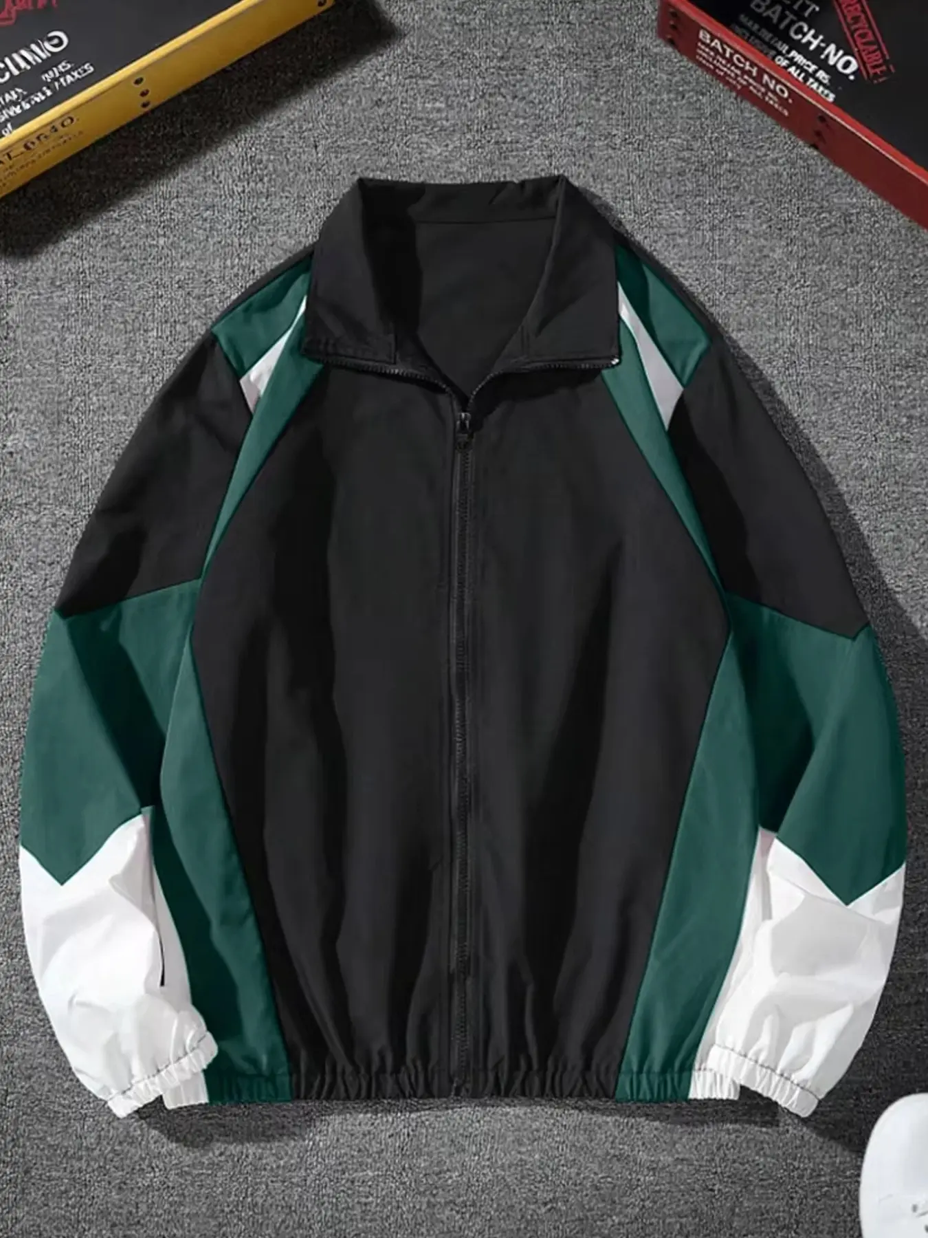 Men's Color-Block Jacket, Retro 90s Polyester Windbreaker with a Stand Collar, Loose Straight Fit Patchwork Streetwear, Cargo Pants, Fabric