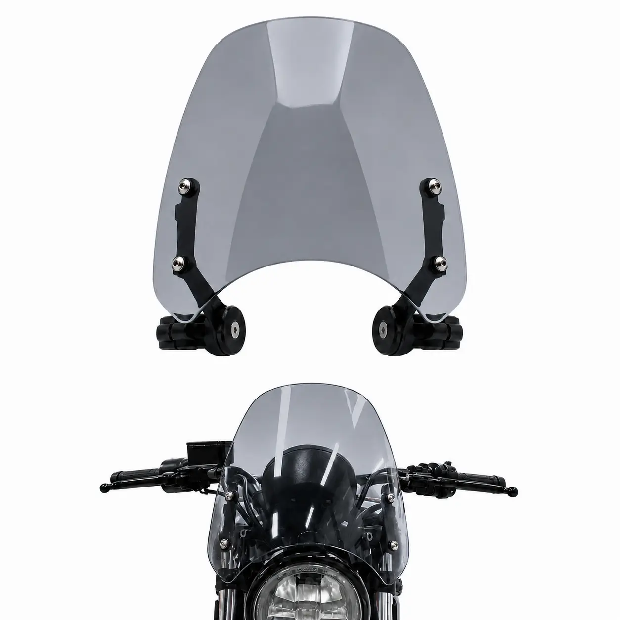 Light Smoke Polycarbonate Compact Bolt-On Motorcycle Headlight Fairing Windshield - Pre-Drilled Aluminum Flyscreen Accessory with Airflow Deflect Feature, Mounting Screws Included for Triumph Bonneville Bobber 2017-2023