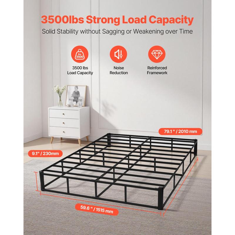 VEVOR Box Spring, Queen Size Bed Frame with Washable Fabric Cloth, Heavy Duty Metal Frame for Queen Bed, 9 in Mattress Foundation, 3500 lbs Max Weight Capacity, Easy Assembly, 79.1L x 59.6W x 9.1H in