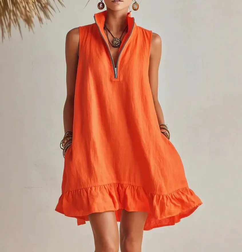 Women's Linen-Blend Sleeveless Mini Dress, Half Zip Stand Collar Ruffle Hem Casual Shift Dress With Pockets