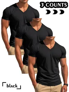 Men's Solid V Neck Tee, Regular Fit Casual Short Sleeve T-shirt for Summer, Men's Top for Daily Wear, Tropical