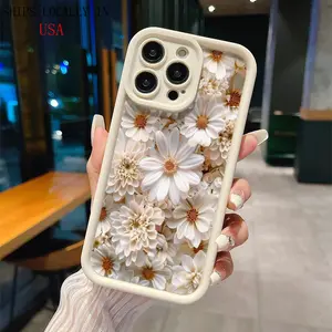 3D-like White Daisy Embossed Pattern Frosted Beige Shockproof Mobile Phone Case, Groove Texture Compatible with iPhone Protector Wireless