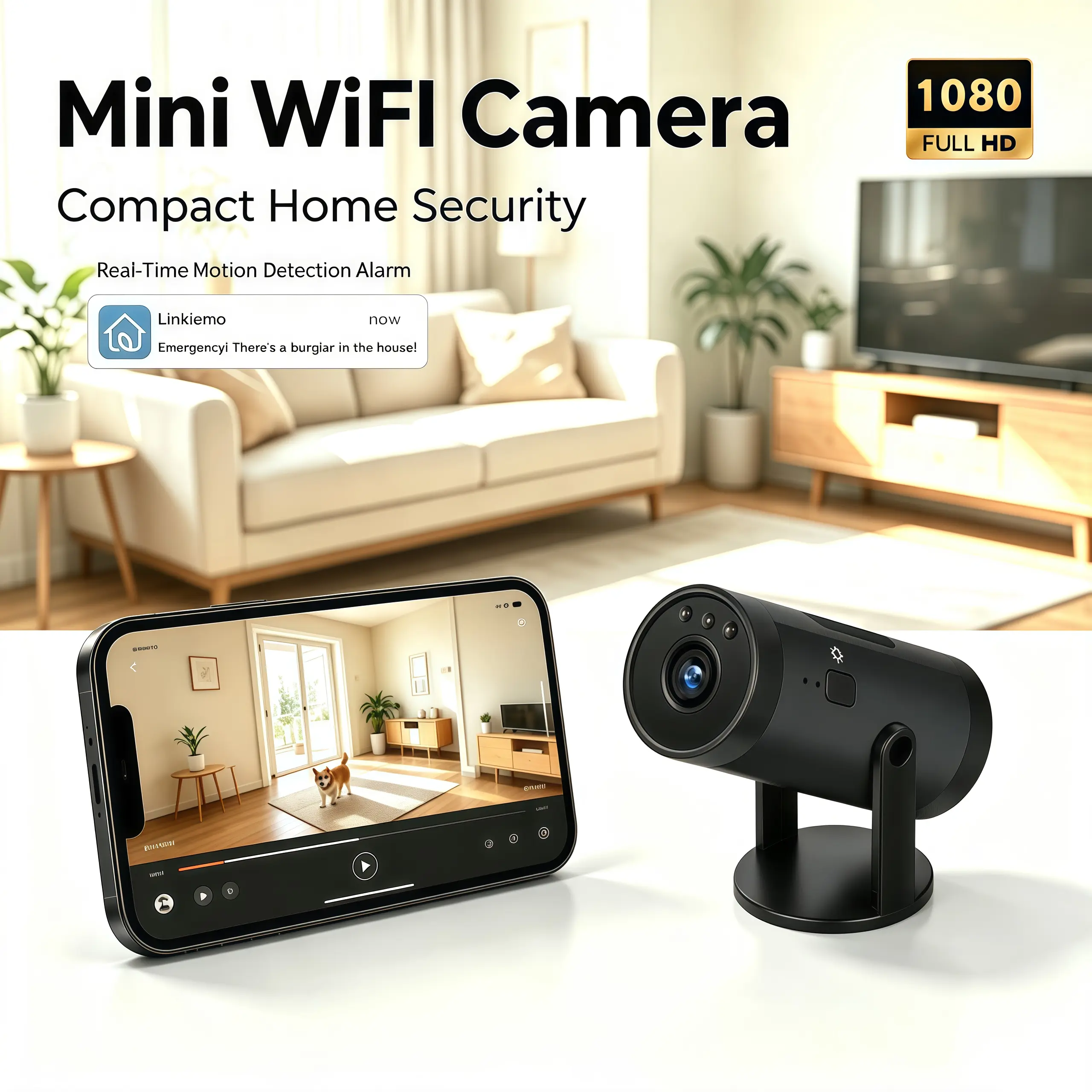 1080P HD Rechargeable Tubular WiFi Security Camera Device, Digital Indoor Cam with Night Vision, Motion Detection, SD Card Memory Recording, 2.4G WiFi Connection & APP Remote View for Home Monitoring, Baby Care