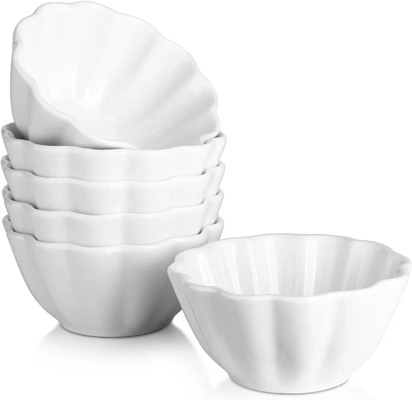 DOWAN Porcelain Ramekins - Oven Safe Serving Bowls for Souffle, Creme Brulee and Dipping Sauces, Flower Shape Ramekins for Baking (4OZ, White)