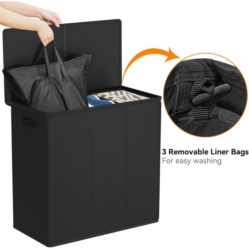 180L Laundry Hamper with Lid 3 Section,Large Laundry Basket with Removable Bags and Handles,Collapsible Dirty Clothes Hampers for Laundry,Laundry Basket Organizer for Laundry Room,Dorm,Black