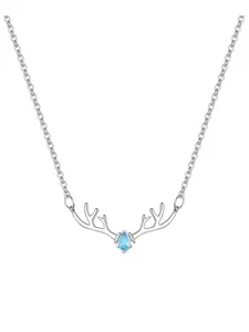 Elegant Deer Antler Necklace for Women, Dainty Blue CZ Pendant, Minimalist Cute Animal Jewelry, Christmas Gift