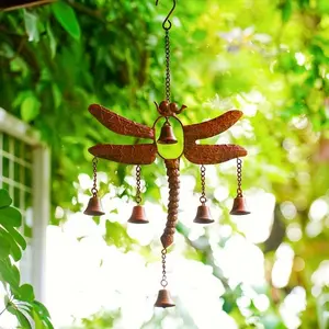 Vintage Dragonfly Design Wind Chime, Iron Decorative Bells, Rustic Handmade Lucky Pendant, Memorial Wind Chimes with 6 Copper Bell for Garden, Patio
