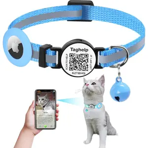 Reflective AirTag Cat Collar, Integrated Cat Collar with Air Tag Holder and Bell, Breakaway with QR Code Name Tag,Safety Elastic Band Cat Collars for Girl Boy Cats, Kittens and Puppies (Blue)