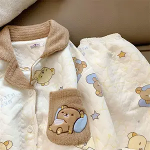 Kawaii Rilakkuma Sleepwear Cute Cartoon Women's Autumn Winter Cotton Warm Pajamas Student Home Clothes Two-piece Set Girl's Gift