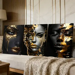 3 Counts Wooden Framed Canvas Painting, Artistic Golden Face Abstract Portrait Images, Exquisite Poster, Perfect Living Room Decoration, Modern Art, Fashion Family Poster, Wall Art Decoration, Waterproof Art