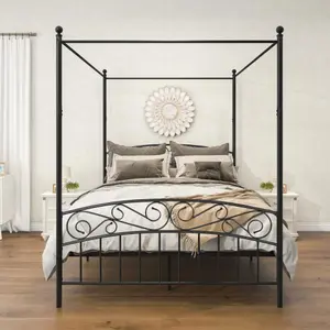 Queen Size Metal Canopy Bed Frame with Headboard and Footboard Black-W84034157